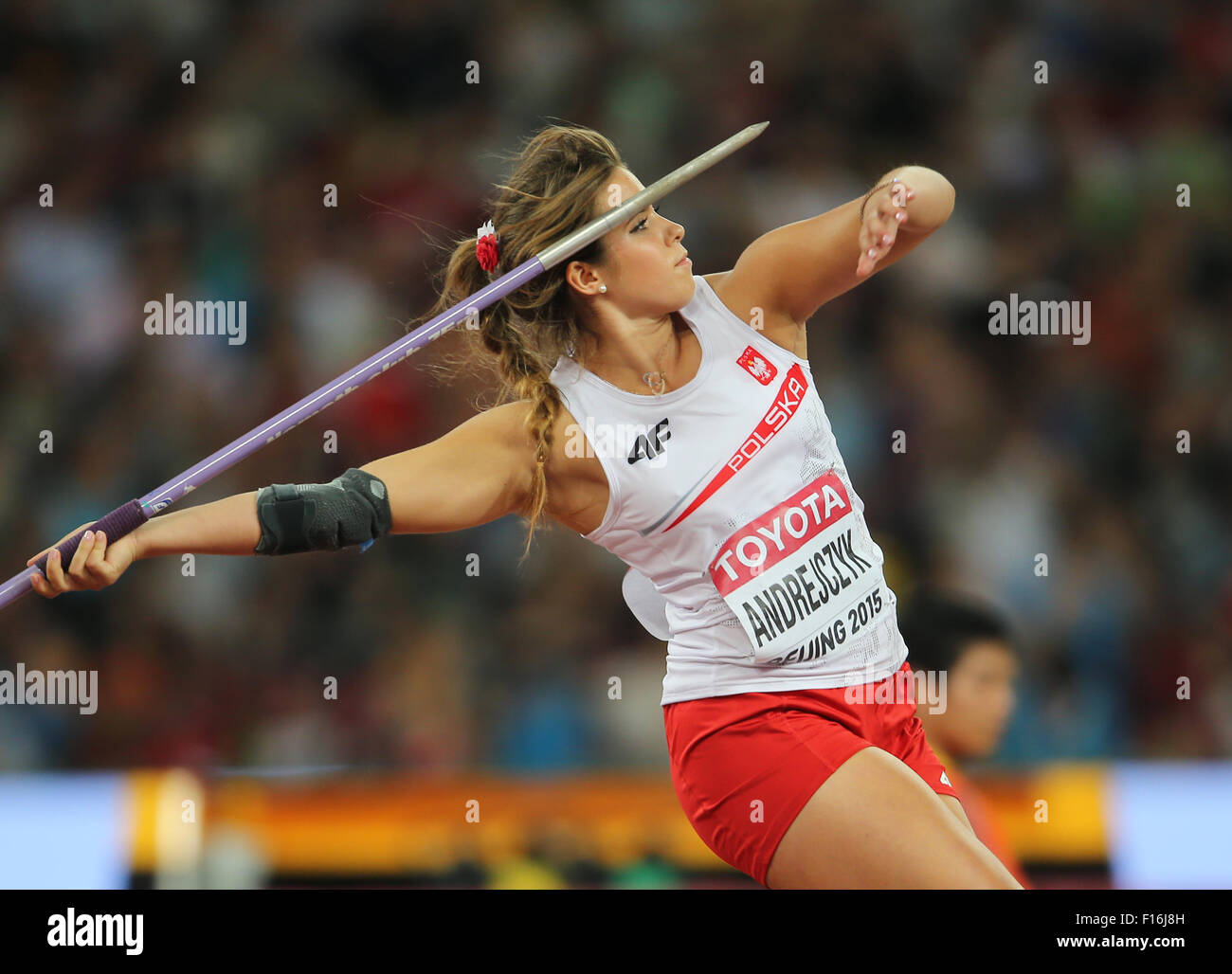 Beijing, China. 28th Aug, 2015. Maria Andrejczyk of Poland in action during the Women's Javelin Throw Qualification at the Beijing 2015 IAAF World Championships at the National Stadium, also known as Bird's Nest, in Beijing, China, 28 August 2015. Credit:  dpa picture alliance/Alamy Live News Stock Photo