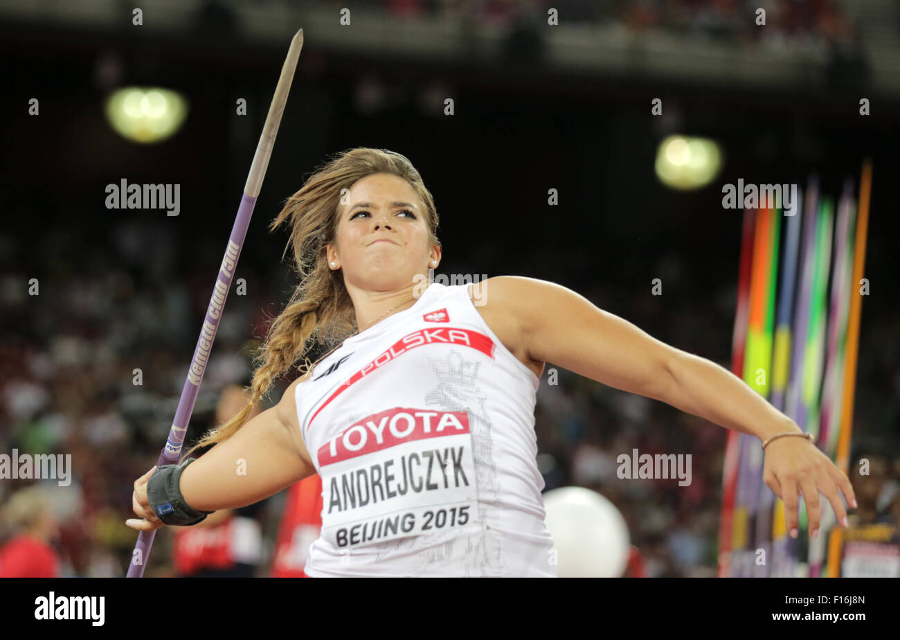 Beijing, China. 28th Aug, 2015. Maria Andrejczyk of Poland in action during the Women's Javelin Throw Qualification at the Beijing 2015 IAAF World Championships at the National Stadium, also known as Bird's Nest, in Beijing, China, 28 August 2015. Credit:  dpa picture alliance/Alamy Live News Stock Photo