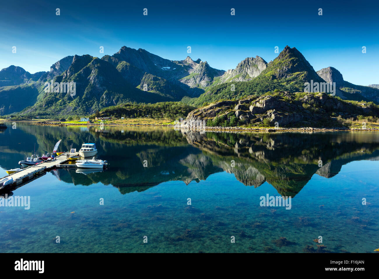 Tranquil conditions with reflections, Orsvagvaer, Lofoten, Arctic Norway, Stock Photo