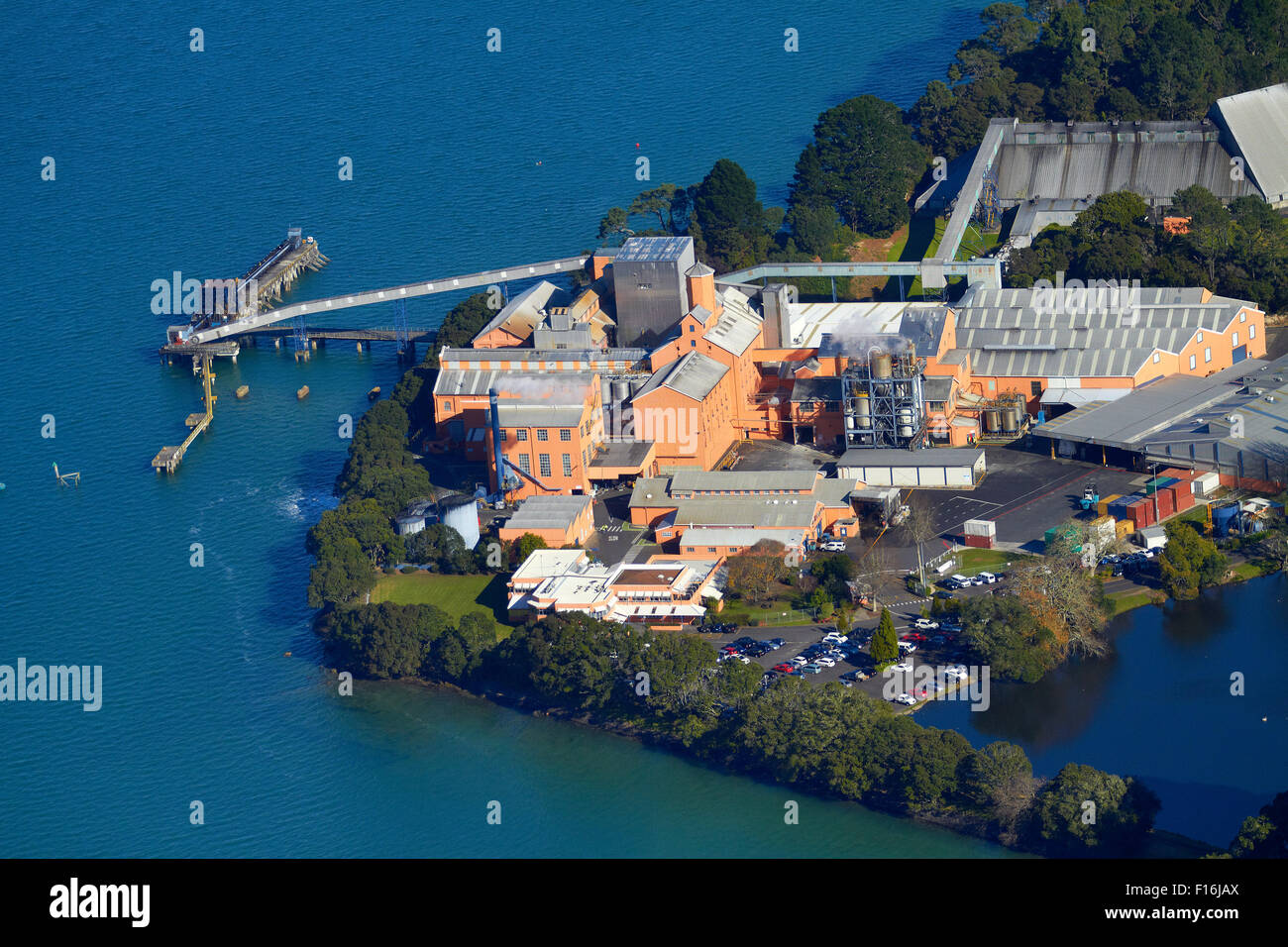 Chelsea Sugar Refinery, Birkenhead, Auckland, North Island, New Zealand - aerial Stock Photo