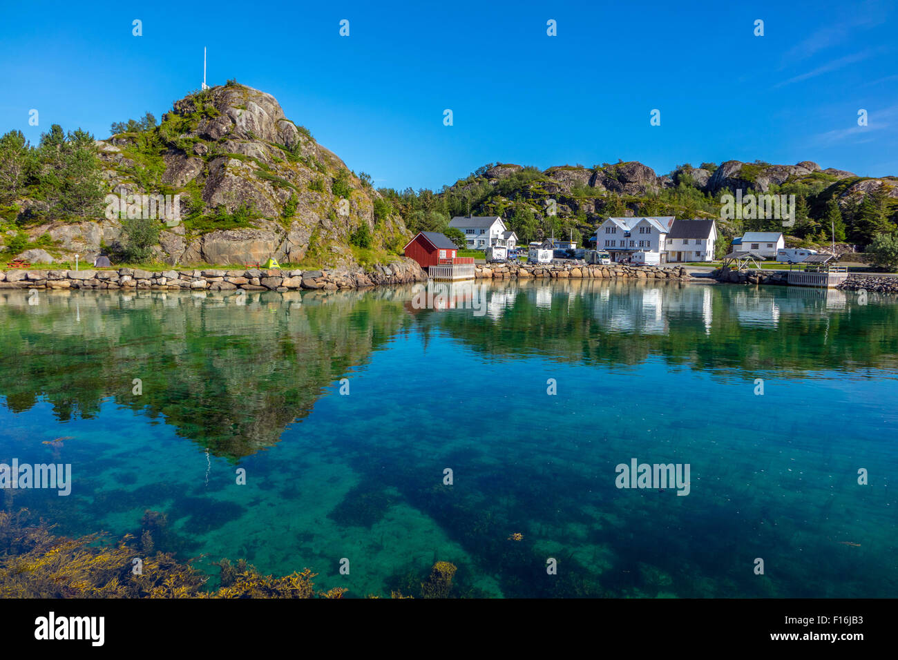 Tranquil conditions with reflections, Sandvika camping, Lofoten, Arctic Norway, Stock Photo