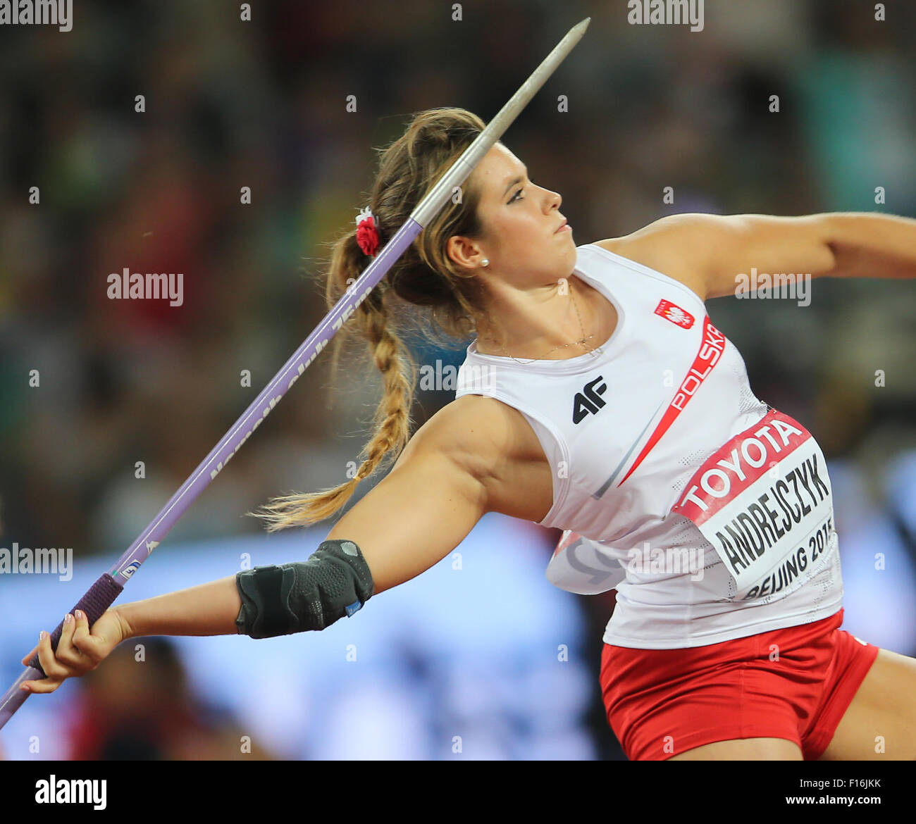 Beijing, China. 28th Aug, 2015. Maria Andrejczyk of Poland in action during the Women's Javelin Throw Qualification at the Beijing 2015 IAAF World Championships at the National Stadium, also known as Bird's Nest, in Beijing, China, 28 August 2015. Credit:  dpa picture alliance/Alamy Live News Stock Photo