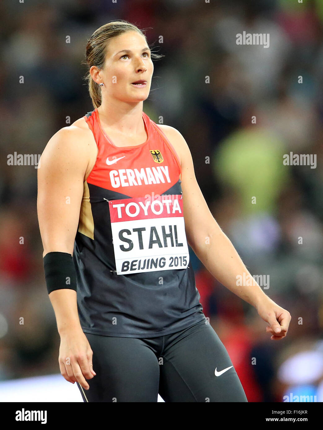 Beijing, China. 28th Aug, 2015. Linda Stahl of Germany reacts during the Women's Javelin Throw Qualification at the Beijing 2015 IAAF World Championships at the National Stadium, also known as Bird's Nest, in Beijing, China, 28 August 2015. Credit:  dpa picture alliance/Alamy Live News Stock Photo