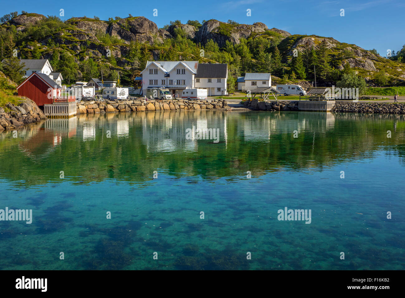 Tranquil conditions with reflections, Sandvika camping, Lofoten, Arctic Norway, Stock Photo