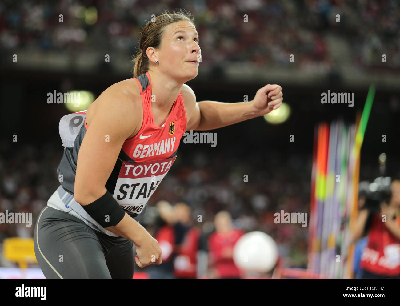 Beijing, China. 28th Aug, 2015. Linda Stahl of Germany in action during the Women's Javelin Throw Qualification at the Beijing 2015 IAAF World Championships at the National Stadium, also known as Bird's Nest, in Beijing, China, 28 August 2015. Credit:  dpa picture alliance/Alamy Live News Stock Photo