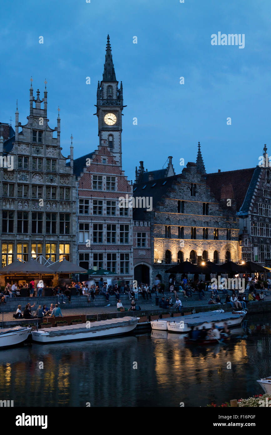 Graslei in twilight in Ghend, Belgium Stock Photo