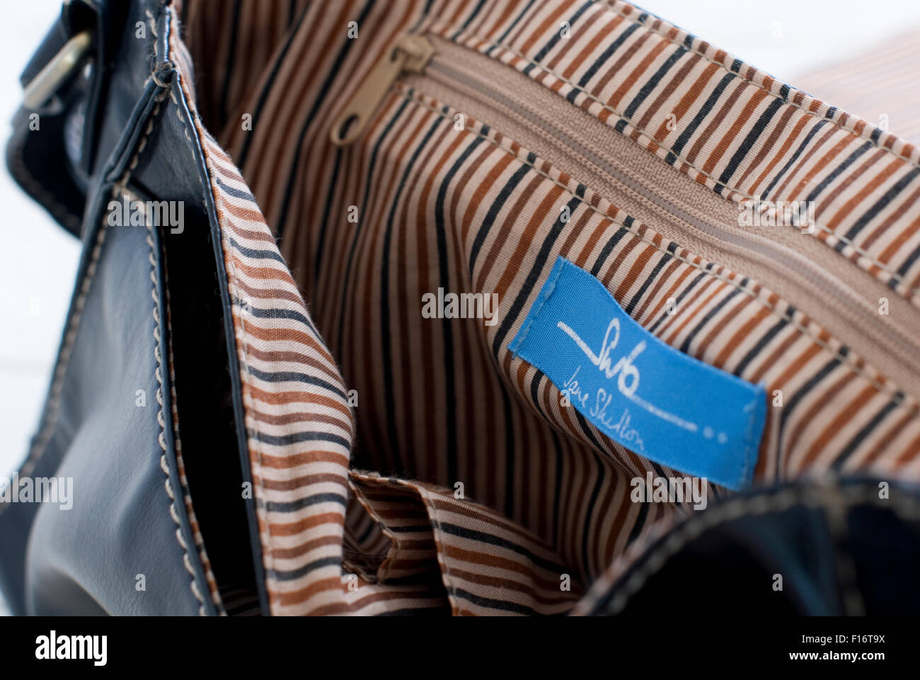 Editorial image showing the label inside a Jane Shilton Handbag Stock Photo  - Alamy