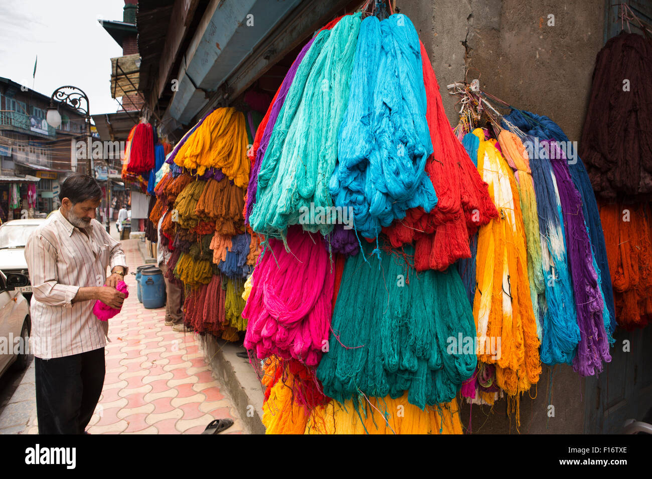 India, Jammu & Kashmir, Srinagar, old city, Khankah i Moulla, hanks of colourful woolen embroidery threads on display Stock Photo