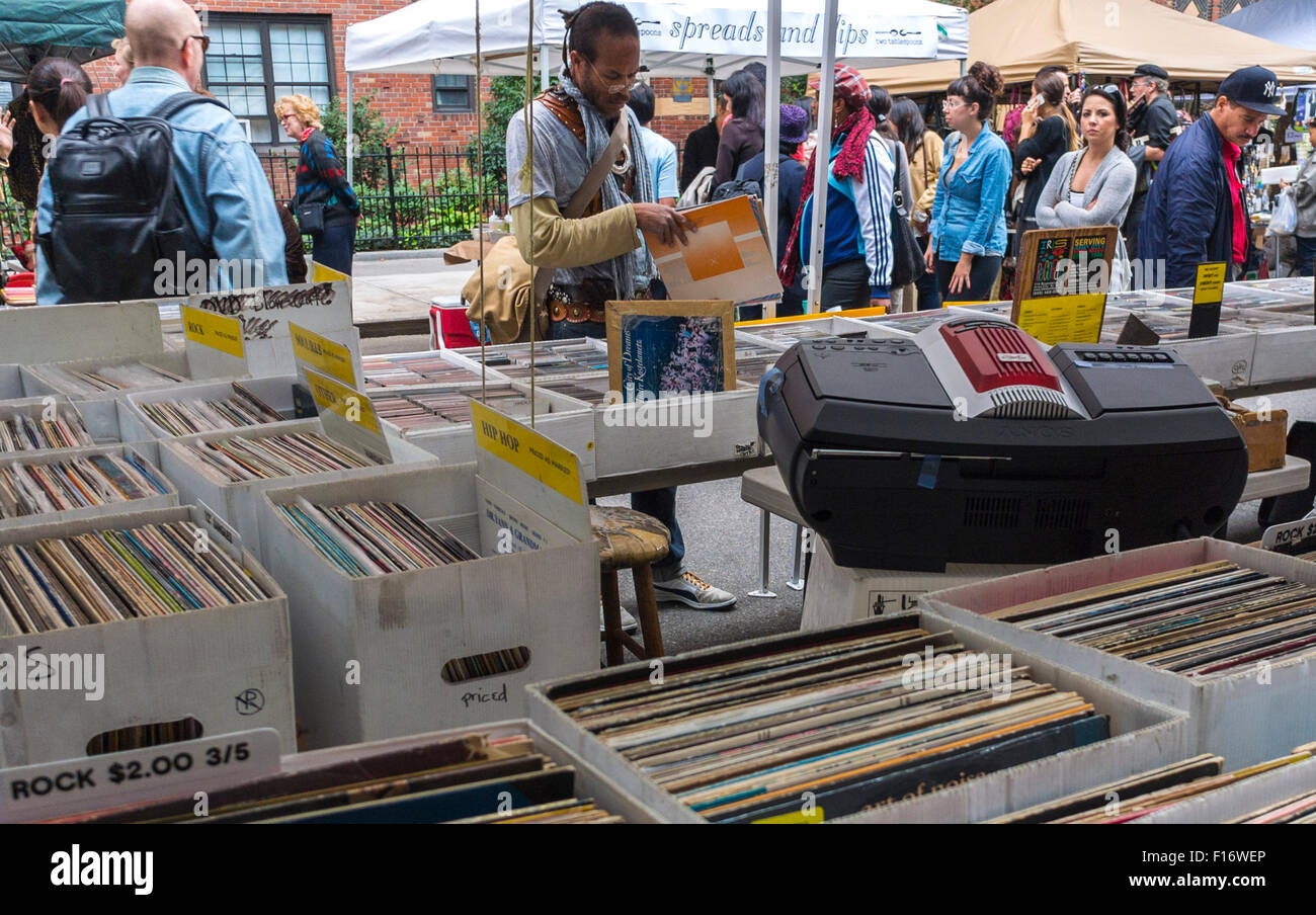 New York City, USA, Large Crowd People, Shopping on Street Vendor, at outdoor chelsea vintage Street Flea Market, Vinyls music Stock Photo