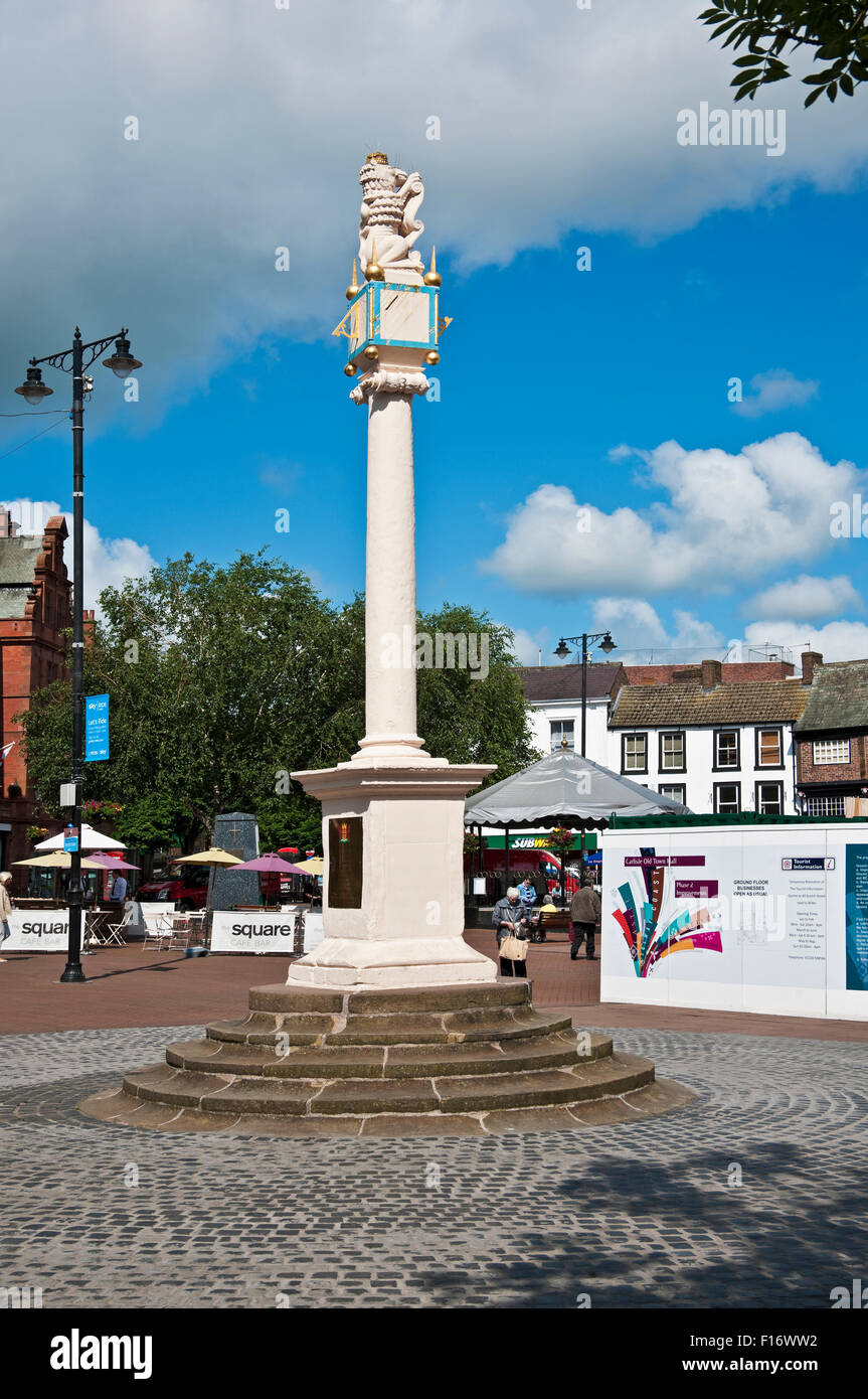 Market Cross and Town Square in summer Carlisle Cumbria England UK United Kingdom GB Great Britain Stock Photo