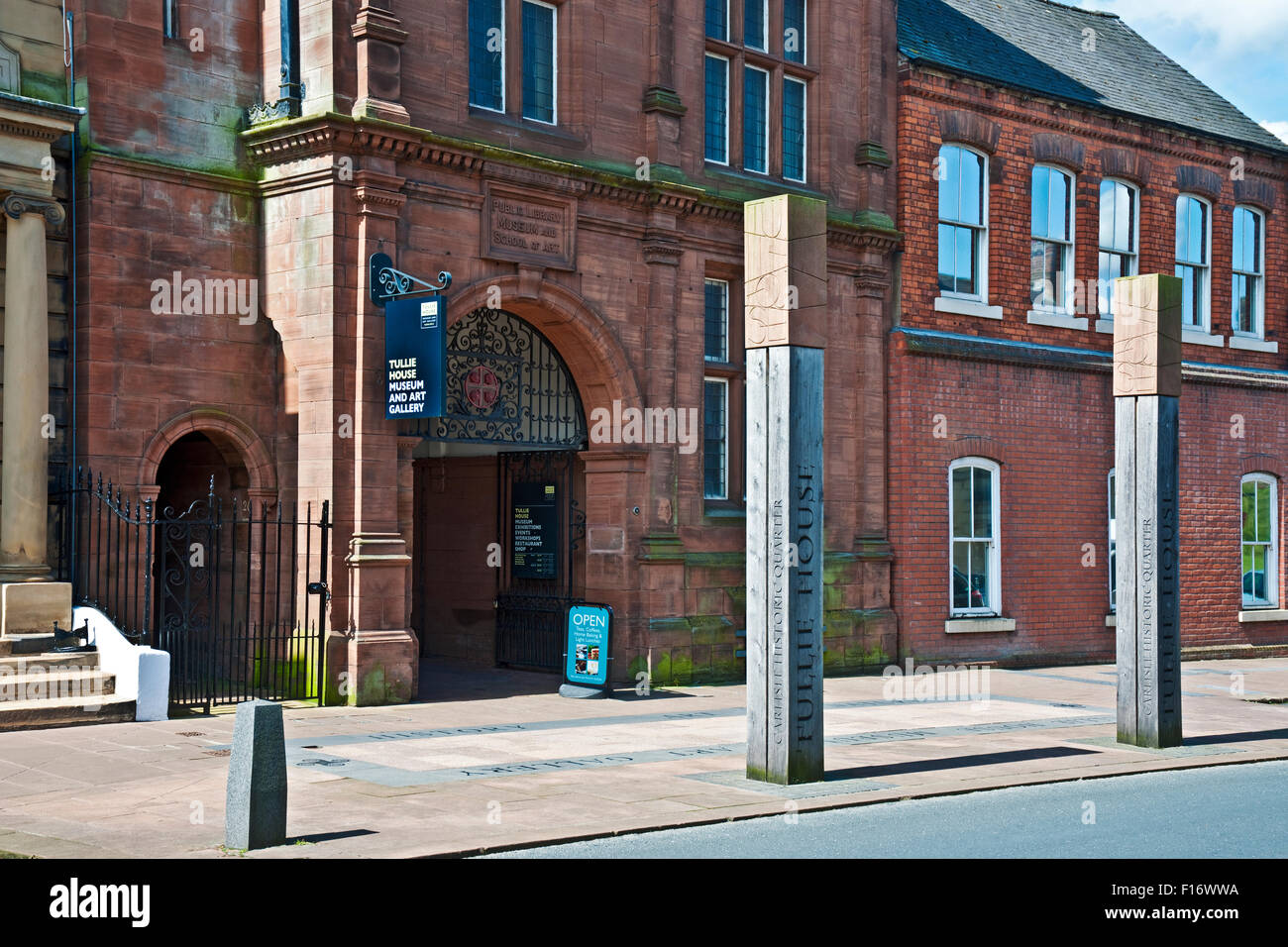 Entrance to Tullie House Museum and Art Gallery in summer Castle Street Carlisle Cumbria England UK United Kingdom GB Great Britain Stock Photo