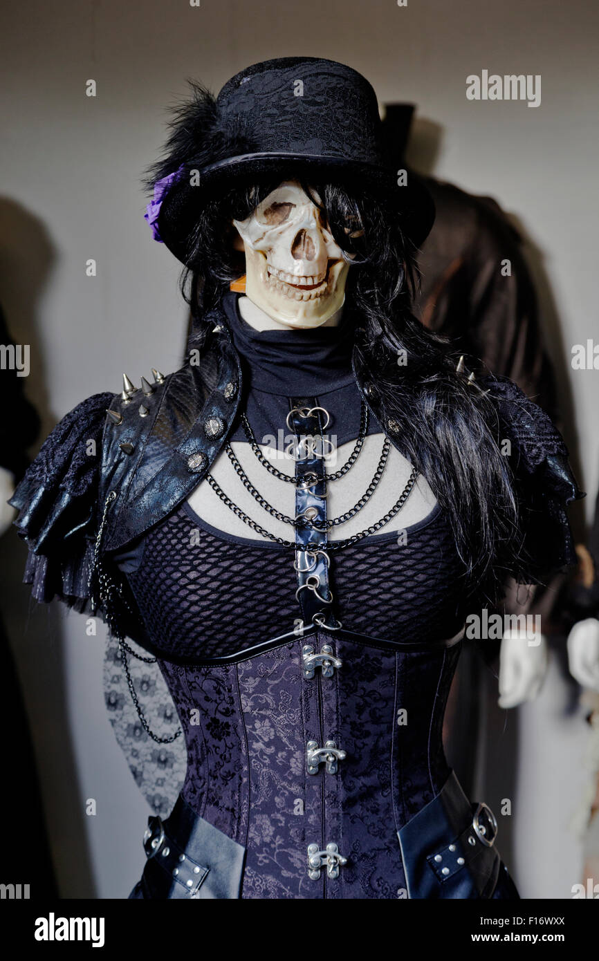 Scary, Gothic skeleton model in specialist shop window, Camden Town Market, London; England; UK Stock Photo
