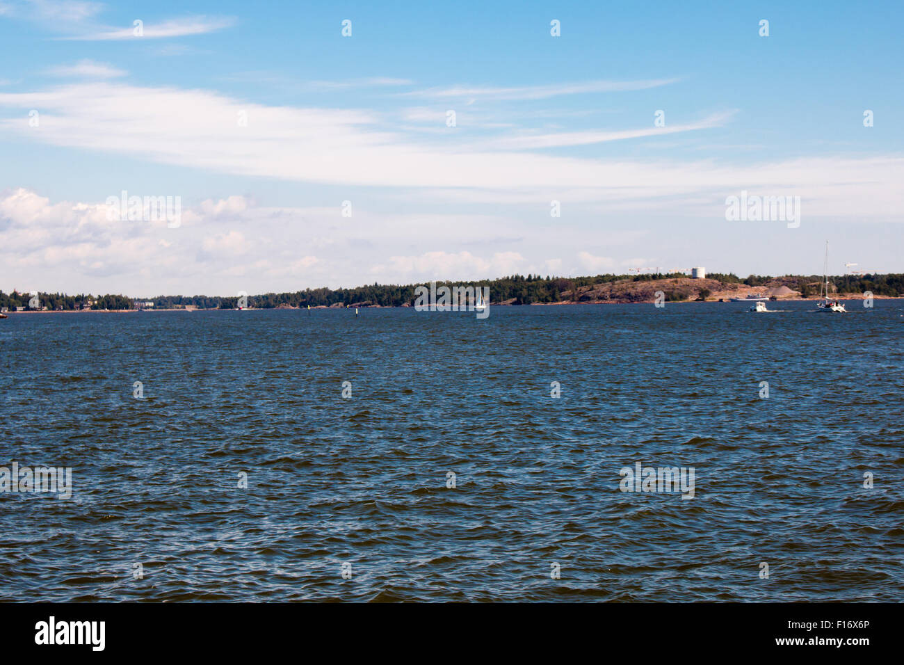 Archipelago in Helsinki coast. Sunny day and deep blue sky. Stock Photo
