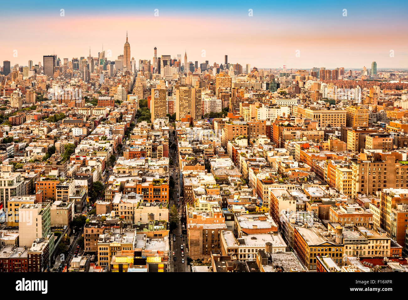 Aerial view of New York City avenues converging towards midtown. Stock Photo