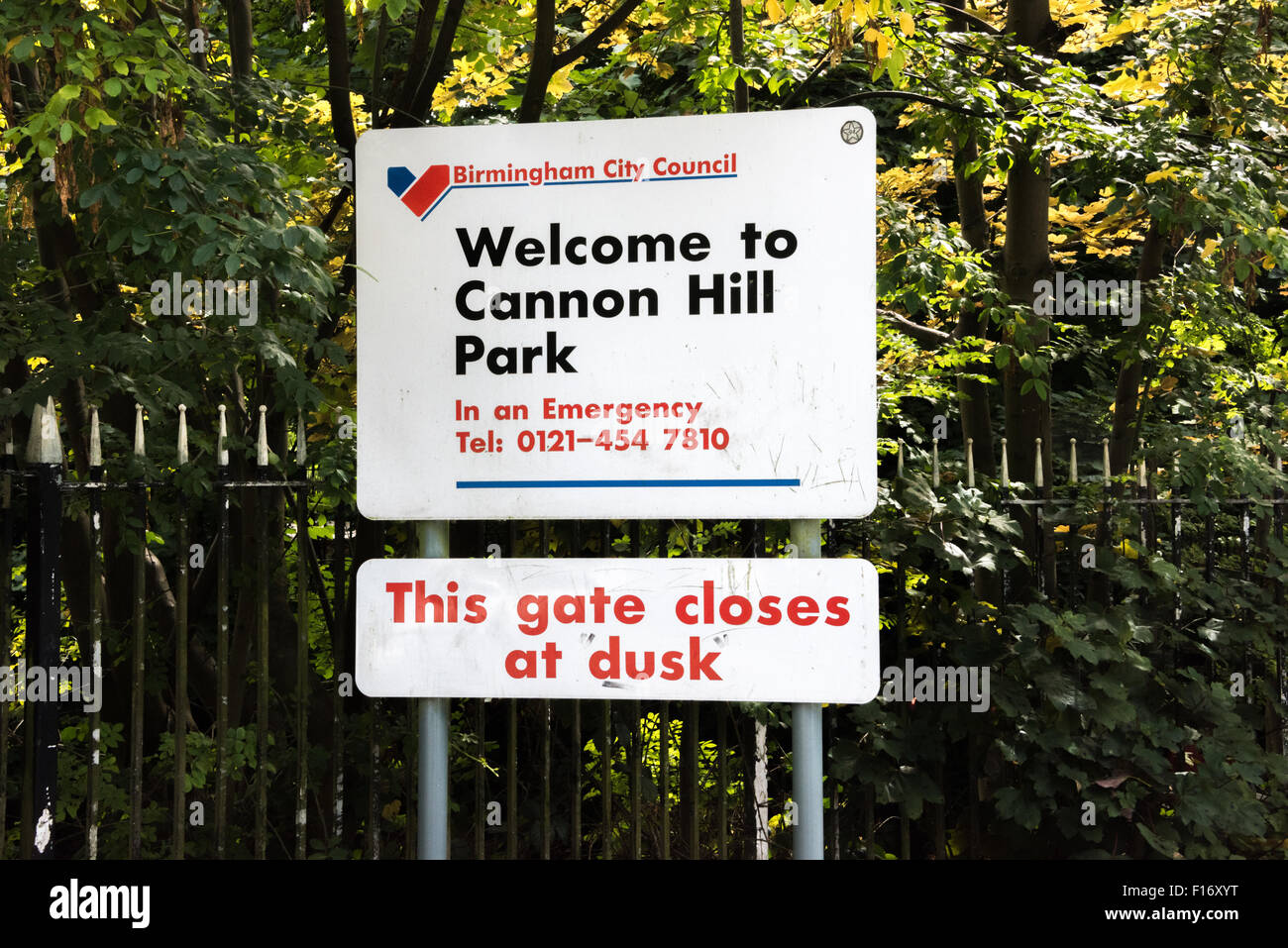 Sign at the entrance to Cannon Hill park Birmingham West midlands UK