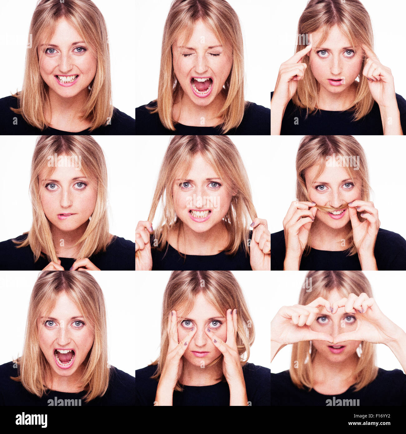 Blonde woman showing different emotions and expressions Stock Photo
