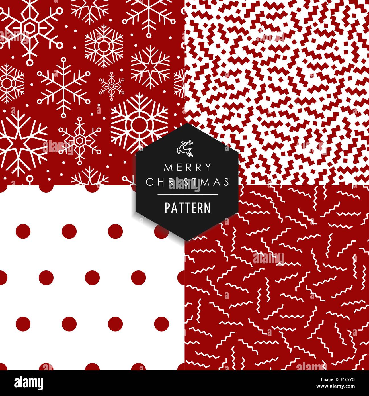 Merry Christmas hipster 80s vintage style seamless pattern set. Red white xmas backgrounds with snowflakes, lines, shapes Stock Vector