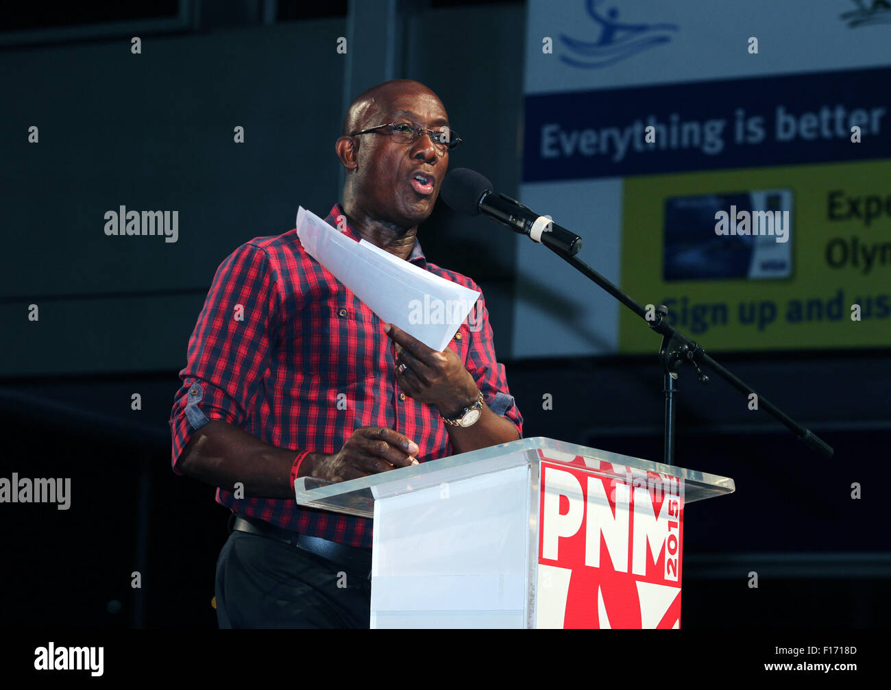St. Augustine, Trinidad and Tobago. 27th August, 2015. Keith Christopher Rowley, Leader of the Opposition and Member of the House of Representatives for Diego Martin West, speaks at a rally as part of the General Elections campaign on August 27, 2015 in St Augustine, Trinidad.  Dr. Rowley is the candidate of the People's National Movement (PNM) to be the next Prime Minister when elections are held on September 07, 2015. Credit:  SEAN DRAKES/Alamy Live News Stock Photo