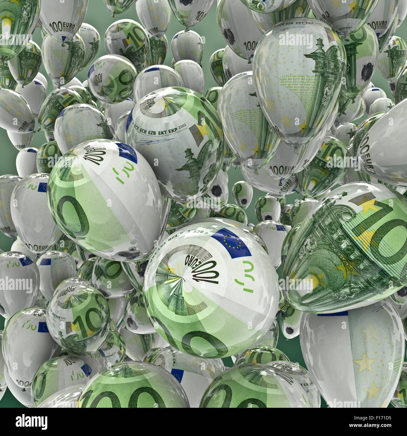 Hundred euro balloons / 3D render of balloons decorated with hundred euro note Stock Photo