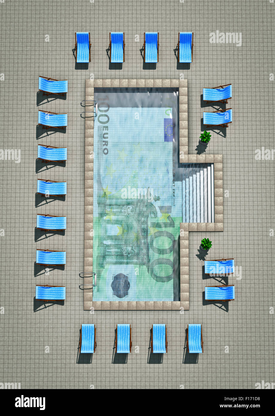 Euro pool / 3D render of swimming pool with hundred euro note tiled on bottom Stock Photo