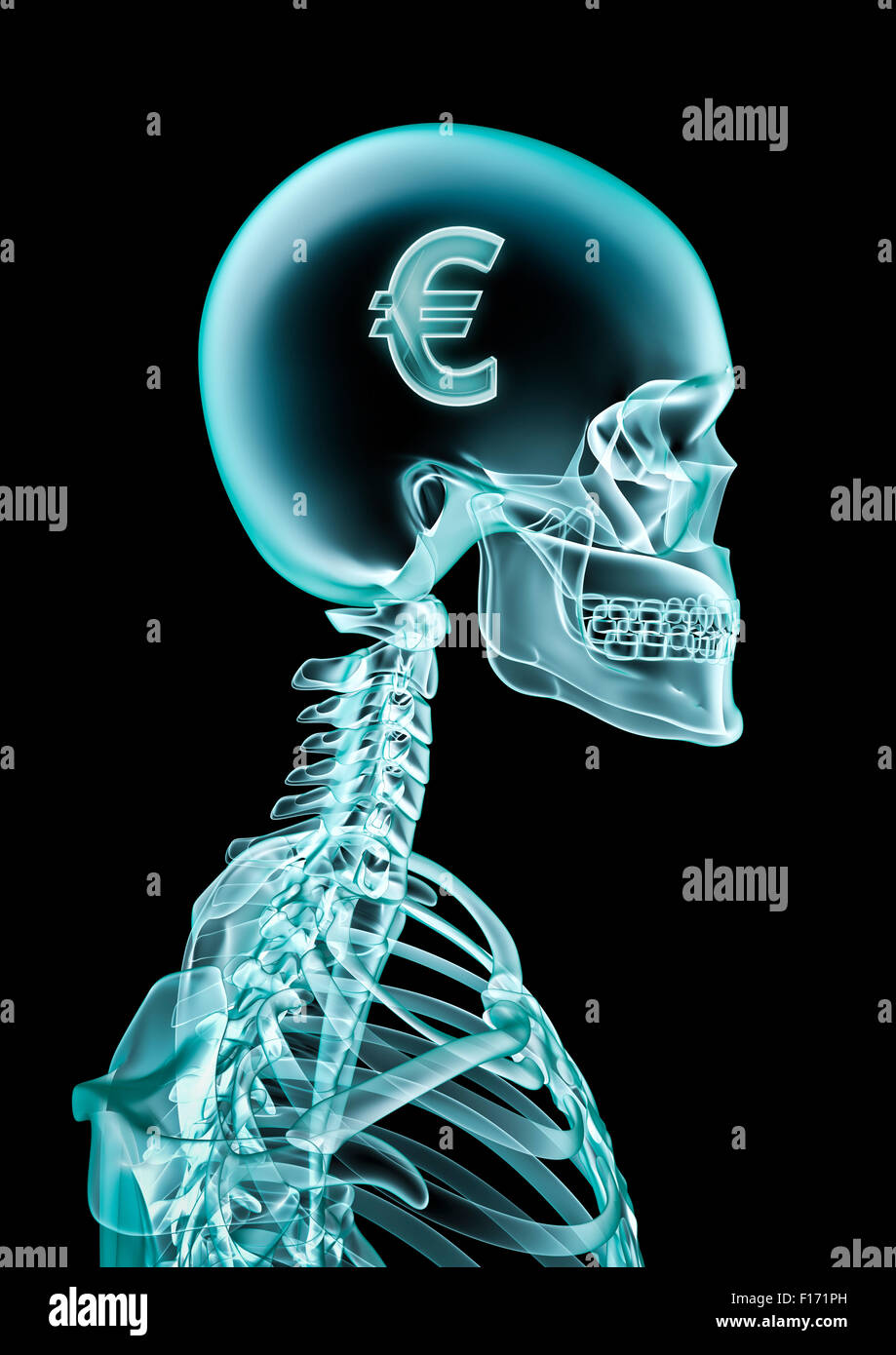 X-ray euro / 3D render of x-ray showing euro symbol inside head Stock Photo