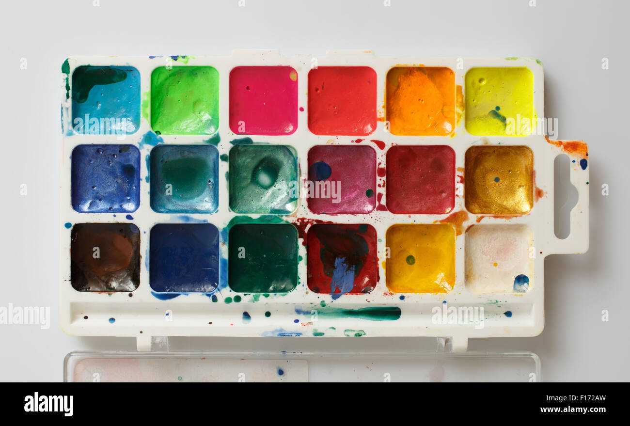 Closeup of water-color paint-box Stock Photo