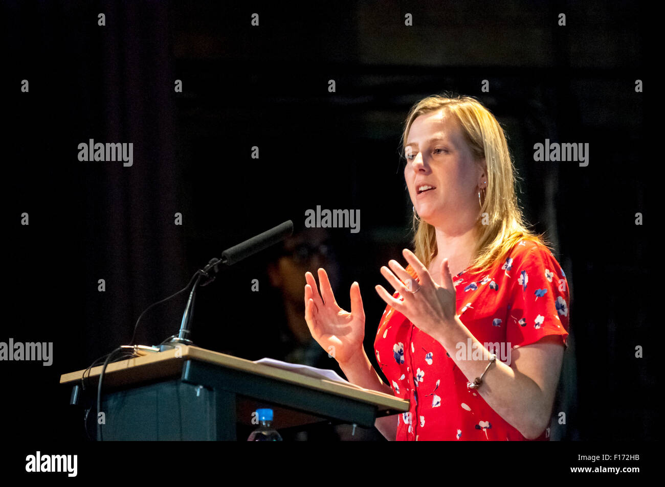 Exeter, UK. 28th Aug, 2015. Hannah Packman address the auience during the Jeremy Corbyn rally in Exeter in front of 500 supporters at the Exeter Corn Exchange Credit:  Clive Chilvers/Alamy Live News Stock Photo