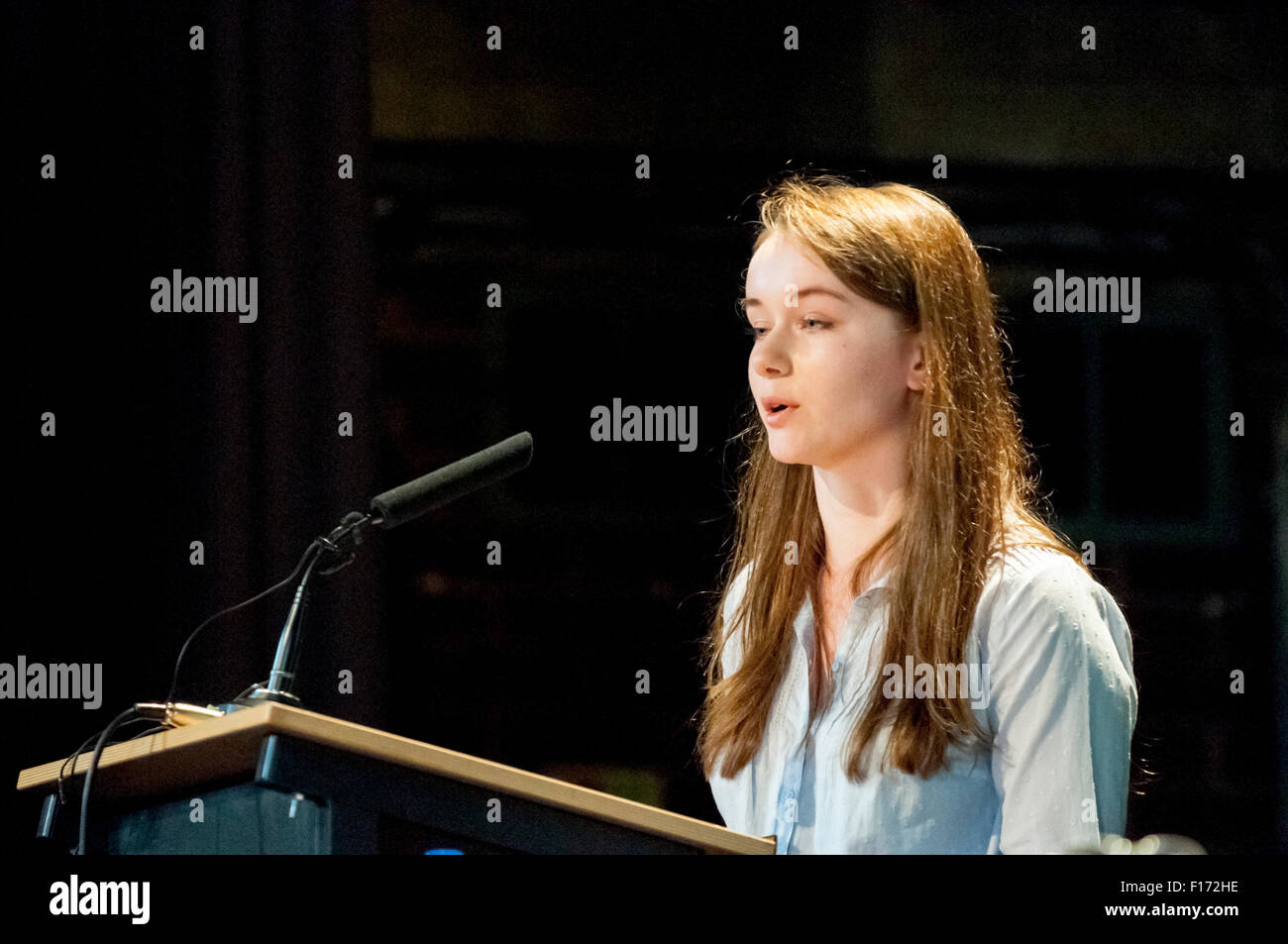 Exeter, UK. 28th Aug, 2015. Beth Soames address the auience during the Jeremy Corbyn rally in Exeter in front of 500 supporters at the Exeter Corn Exchange Credit:  Clive Chilvers/Alamy Live News Stock Photo