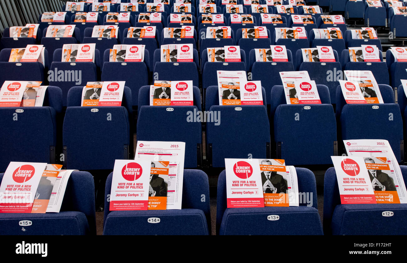 Exeter, UK. 28th Aug, 2015. The seats are prepared at the Jeremy Corbyn rally in Exeter in front of 500 supporters at the Exeter Corn Exchange Credit:  Clive Chilvers/Alamy Live News Stock Photo