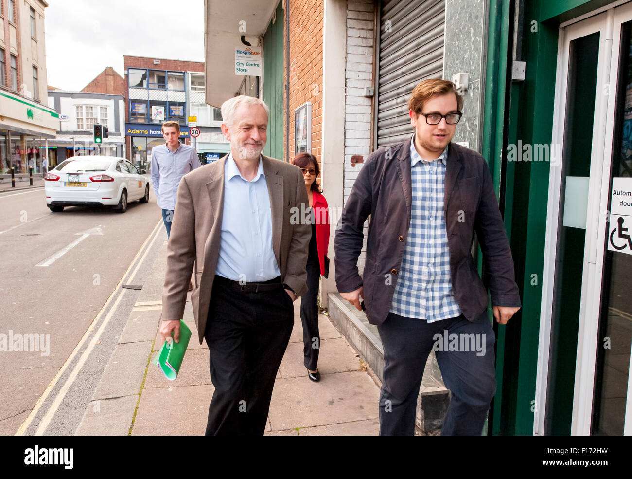 Exeter, UK. 28th Aug, 2015. Jeremy Corbyn arrives at the rally in Exeter in front of 500 supporters at the Exeter Corn Exchange Credit:  Clive Chilvers/Alamy Live News Stock Photo