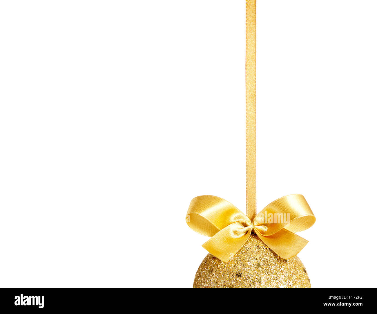 Gold Christmas ball with bow isolated on white background. White copy ...