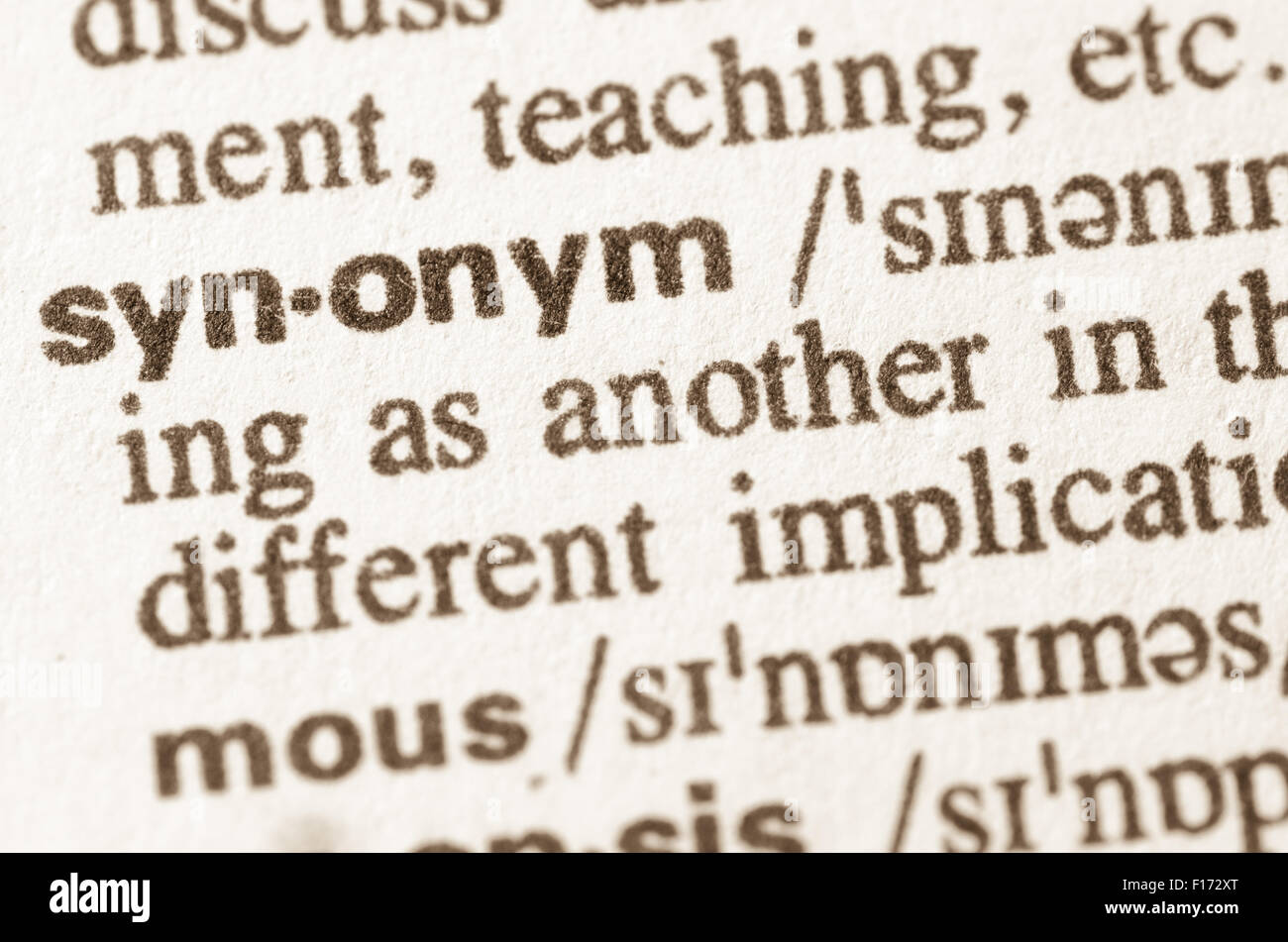 Definition of word synonym in dictionary Stock Photo