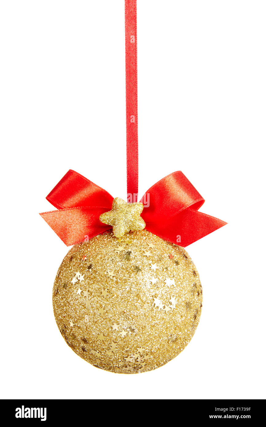 Gold Christmas ball with bow isolated on white background Stock Photo ...