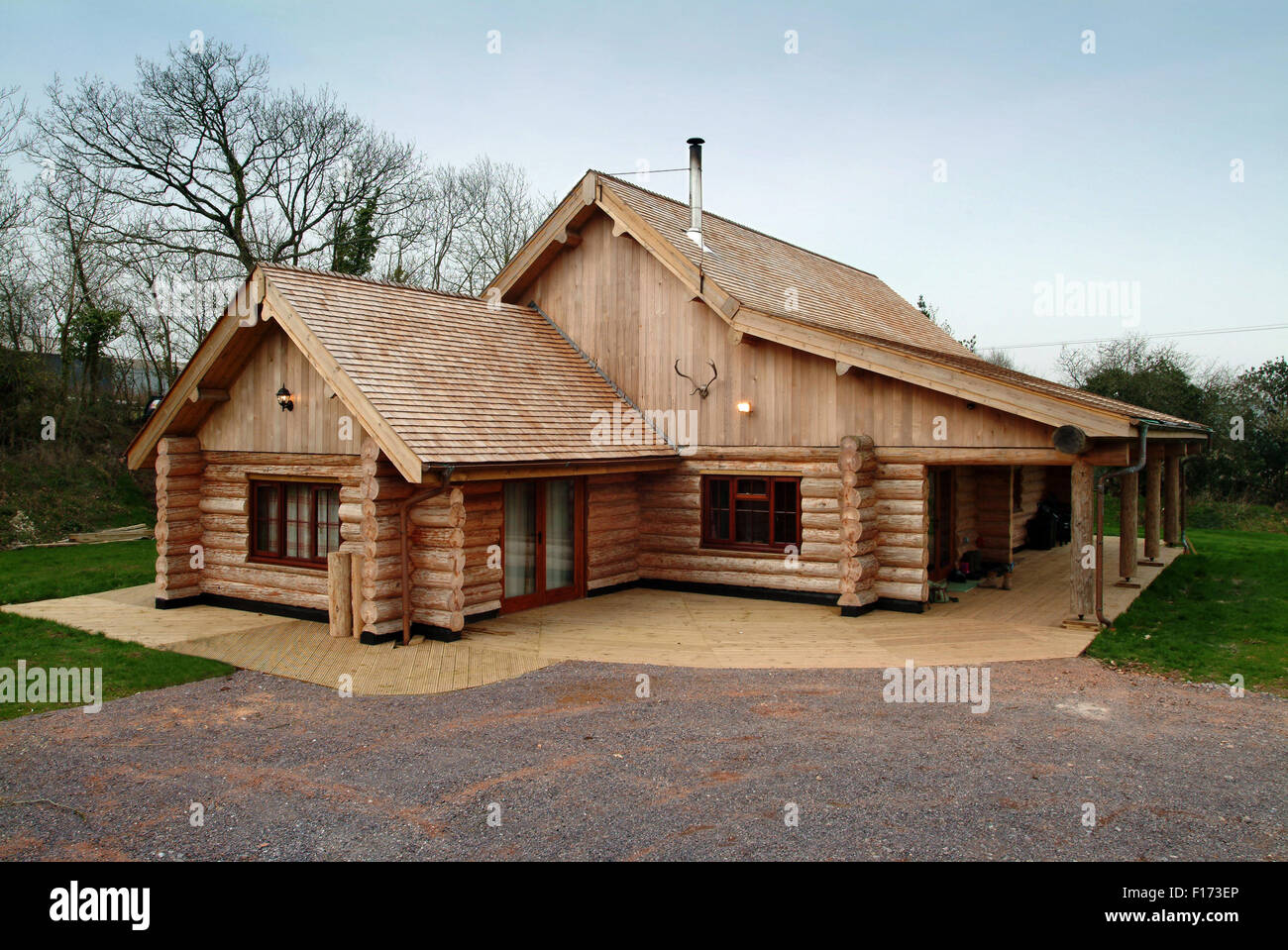 A Large Modern Wooden Log House In Somerset Uk Stock Photo