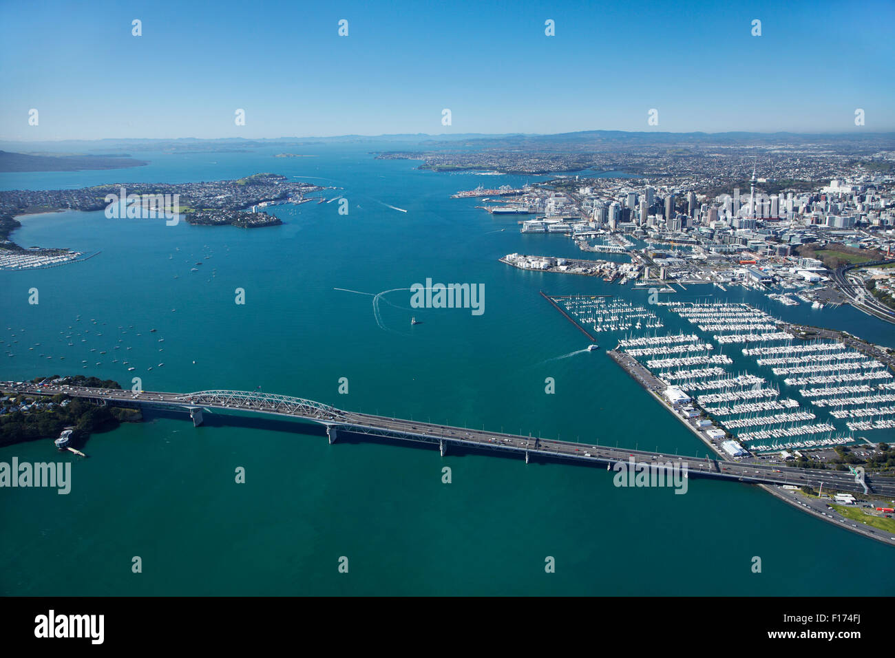 Auckland Harbour Bridge, Westhaven Marina, Waitemata Harbour, and CBD