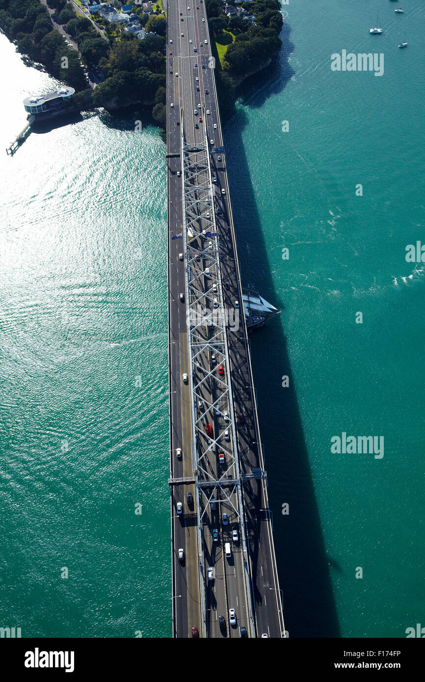Auckland Harbour Bridge and Waitemata Harbour, Auckland, North Island, New Zealand - aerial Stock Photo