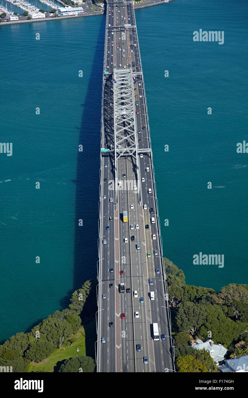 Auckland Harbour Bridge and Waitemata Harbour, Auckland, North Island, New Zealand - aerial Stock Photo