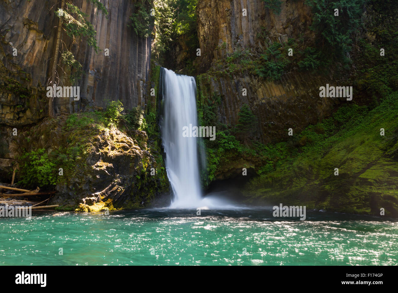 Beautiful Toketee Falls in Oregon, photo taken on a bright clear day with vivid colors Stock Photo