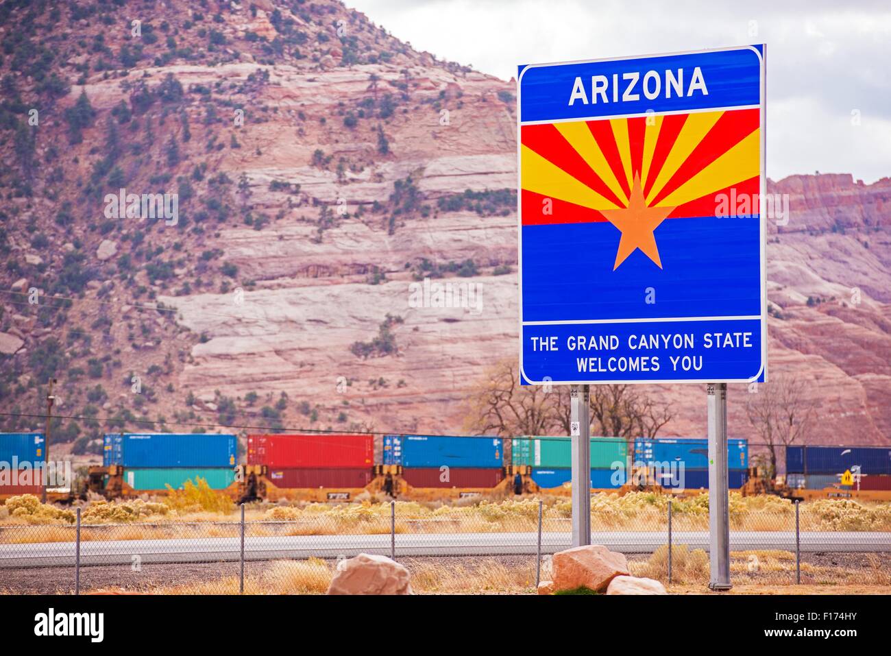 Arizona State Entrance Sign, Highway and the Railroad. Arizona, United States.Welcome in Arizona. Stock Photo