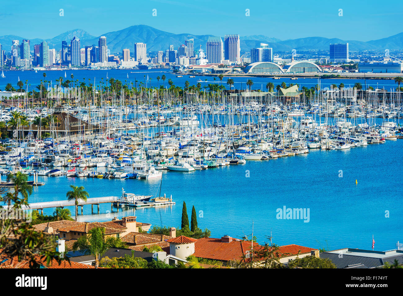 Panorama of San Diego, California, United States. San Diego North Bay, City Skyline, Shelter Island and the Pacific Ocean Blue Stock Photo