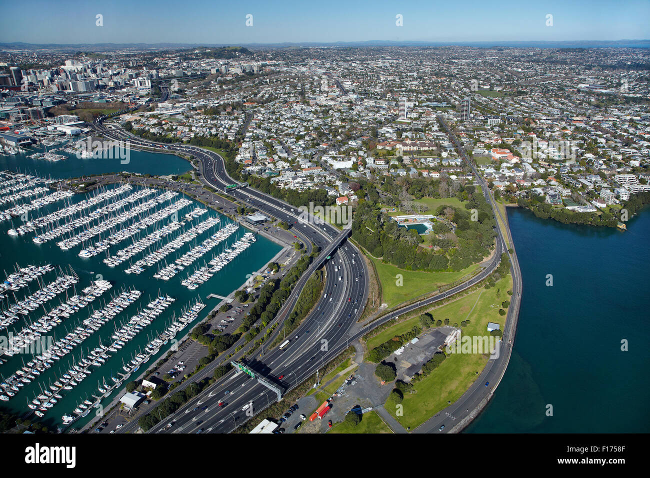 Westhaven Marina, and Point Erin, Auckland, North Island, New Zealand - aerial Stock Photo