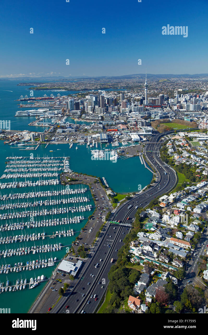 Westhaven Marina and CBD, Auckland, North Island, New Zealand - aerial Stock Photo