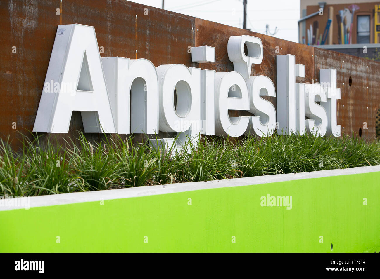 A logo sign outside of the headquarters of Angie's List, Inc., in Indianapolis, Indiana on August 15, 2015. Stock Photo