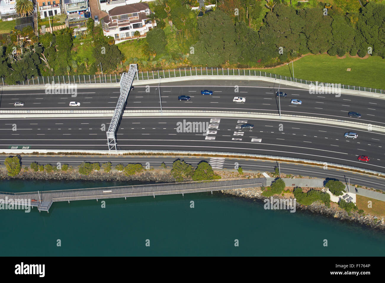 Northern Motorway, St Marys Bay, Auckland, North Island, New Zealand - aerial Stock Photo