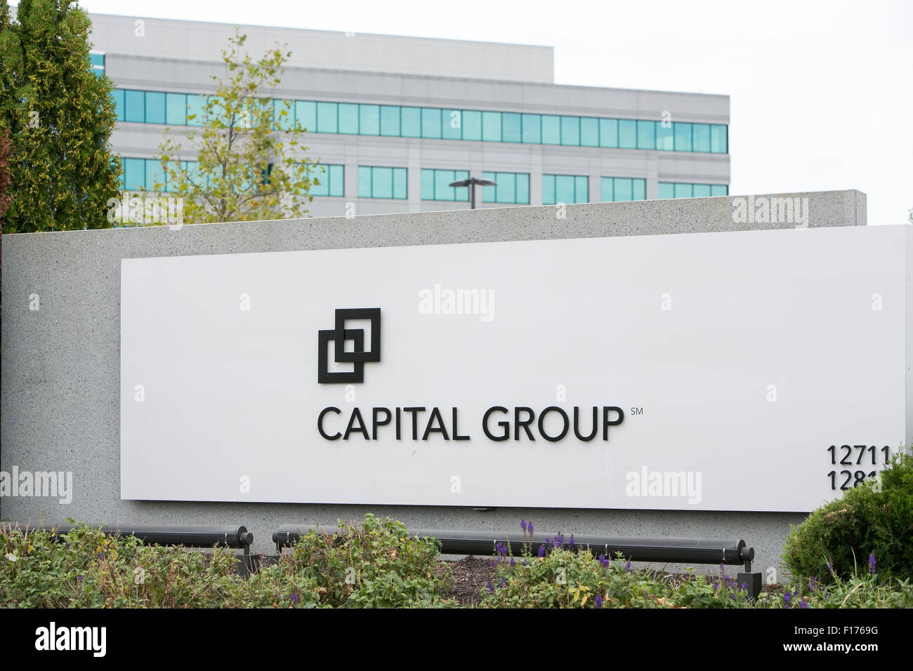 A logo sign outside of a facility occupied by the Capital Group in Carmel, Indiana on August 15, 2015. Stock Photo