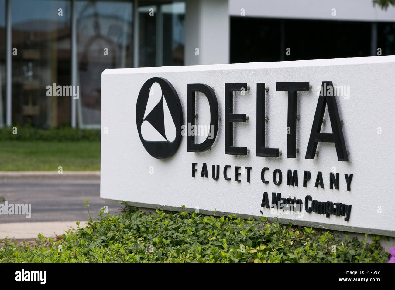 A logo sign outside of the headquarters of the Delta Faucet Company in Indianapolis, Indiana on August 15, 2015. Stock Photo