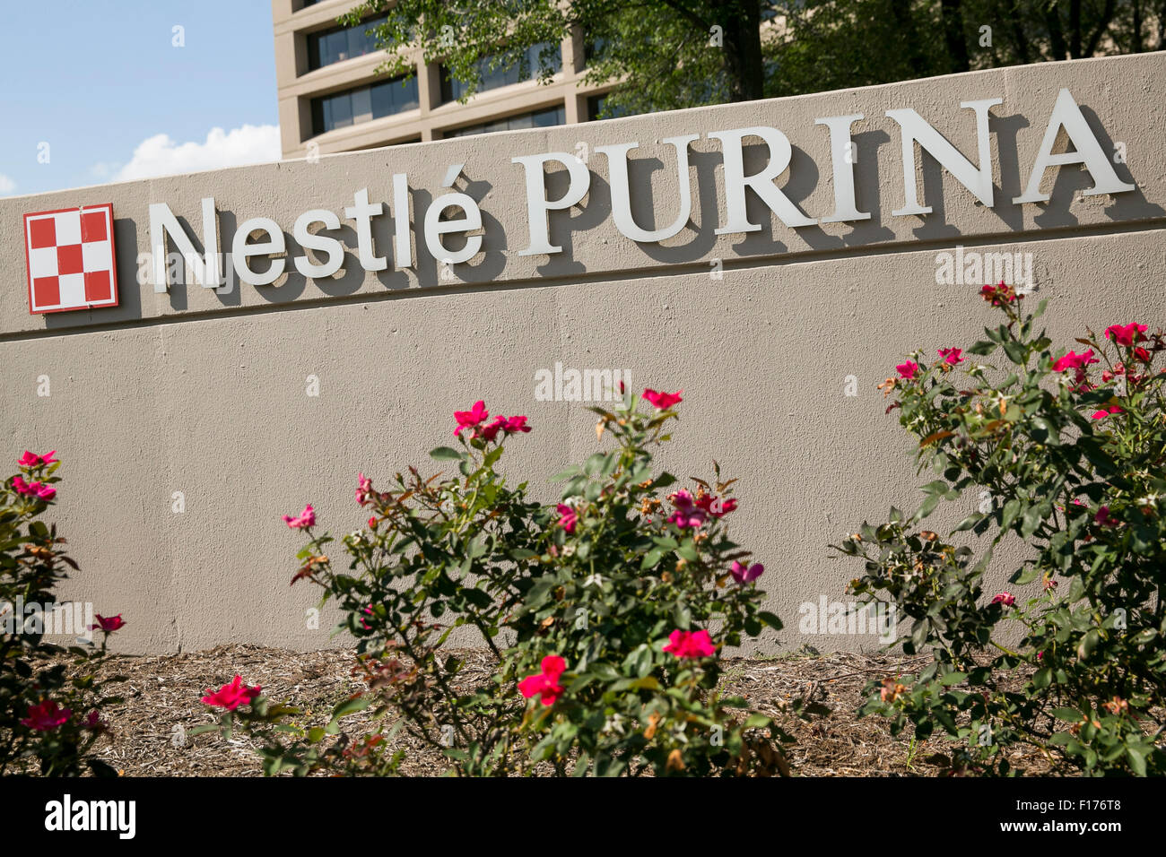 A logo sign outside of the headquarters of the Nestlé Purina PetCare