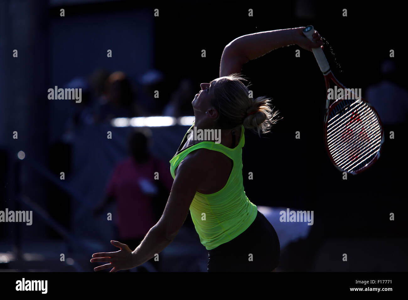 New York, New York, USA. 28th Aug, 2015. Germany's Sabine Lisicki serves during a practice session at the Billie Jean King USTA National Tennis Center in Flushing Meadows, New York late in the afternoon on August 28th, 2016 in preparation for the U.S. Open, which begins on Monday, August 31st. Lisicki is seeded 24th. Credit: Adam Stoltman/Alamy Live News Stock Photo