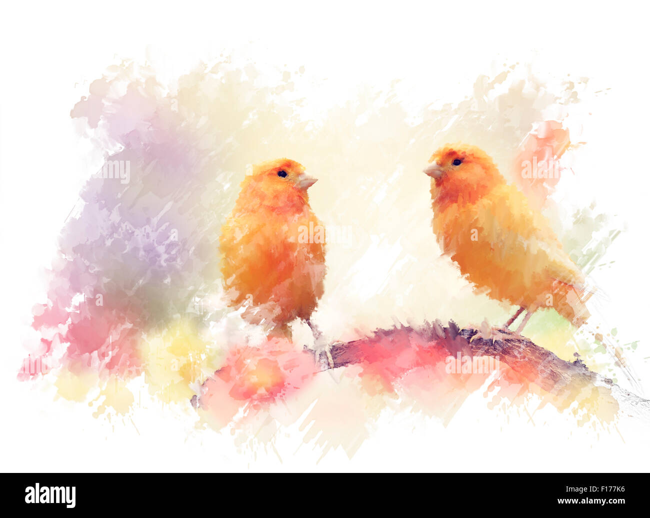 Digital Painting of Yellow Birds In The Garden Stock Photo