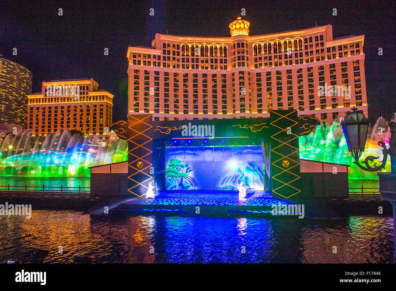 Traditional Japanese Kabuki performance in front of the Bellagio hotel and casino fountains in Las Vegas Stock Photo